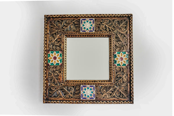 Swati Handcarved Wooden Mirror Frame with Handmade Tiles